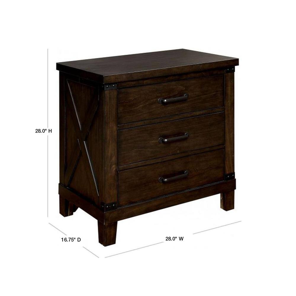 Bianca Dark Walnut 3-Drawer Rustic Nightstand