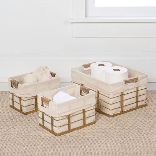 Callan Gold 15 in. x 7.25 in. Handmade Wire Metal Nesting Storage Decorative Baskets with Handles and Liner Set of 3