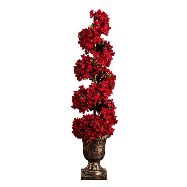 3 ft. Pre-Lit Artificial Christmas Poinsettias and Berries Spiral Topiary Tree with 30-Warm White LED Lights