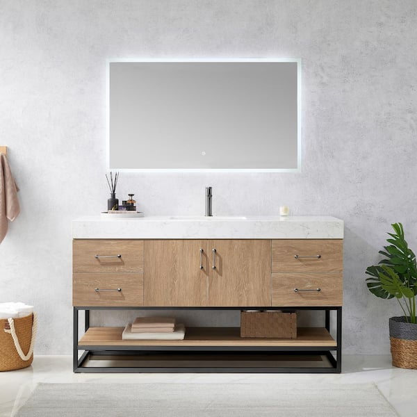 ROSWELL Alistair 60B in. W x 22 in. D x 33.9 in. H Single Sink Bath Vanity in North American Oak with White Grain Stone Top