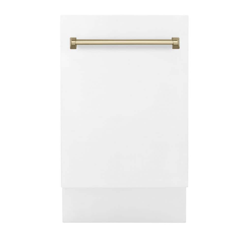 ZLINE Kitchen and Bath Autograph Edition 18 in. Top Control 8-Cycle Tall Tub Dishwasher with 3rd Rack in White Matte and Champagne Bronze, White Matte & Champagne Bronze