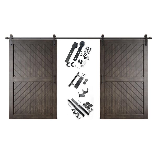XT4 48 in. x 80 in. C-Panel Ebony Slanted Stripe Design Double Pine Wood Sliding Barn Door with Hardware Kit