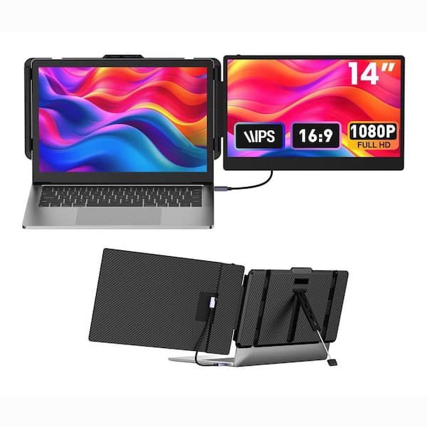 EKIEUDL 14 in. Portable Monitor Extender 1080P FHD Type-C/HDMI/USB-A Plug and Play for Laptops Up to 15.35 W