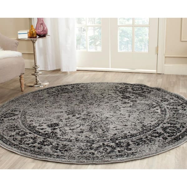 Adirondack Gray/Black 12 ft. x 12 ft. Border Distressed Round Area Rug