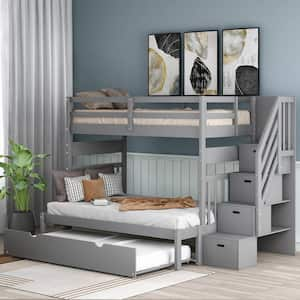 Twin over Twin/Full Bunk Bed with Twin Size Trundle (Gray)