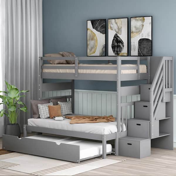 Polibi Twin over Twin/Full Bunk Bed with Twin Size Trundle (Gray)