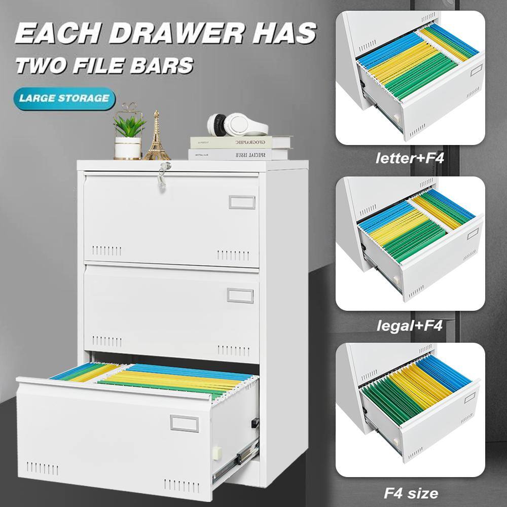 Black and White 3-Drawer Lockable Metal Lateral File Cabinet