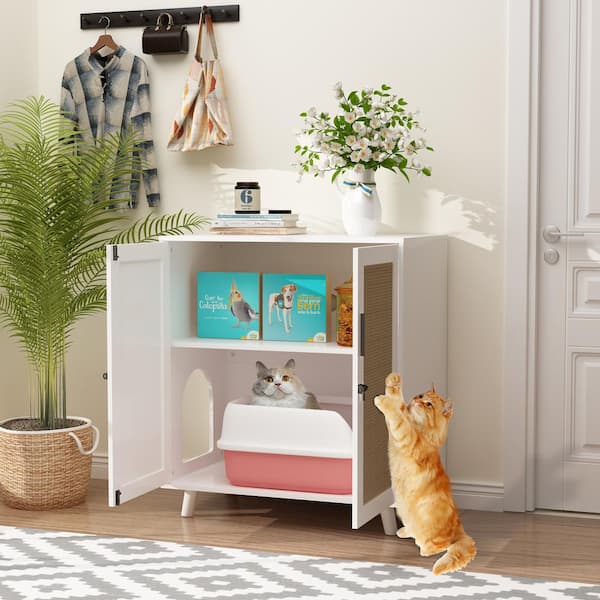 FUFU&GAGA Modern Cat Litter Box Enclosure, Indoor Hidden Litter Box Furniture Cat Washroom Storage with Lock Sisal Door for Rooms