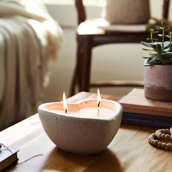 Liv & Skye 7 in. White Ceramic Woodsy Heart-Shaped 2-Wick Candle