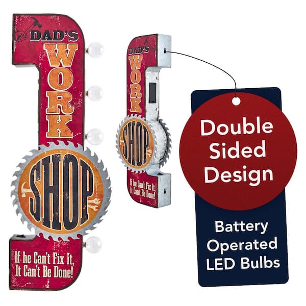Vintage LED Iron Metal Marquee Sign Dad's Workshop If He Can't Fix it Sign, Decorative Sign, 25 in. x 7.5 in. x 3 in.