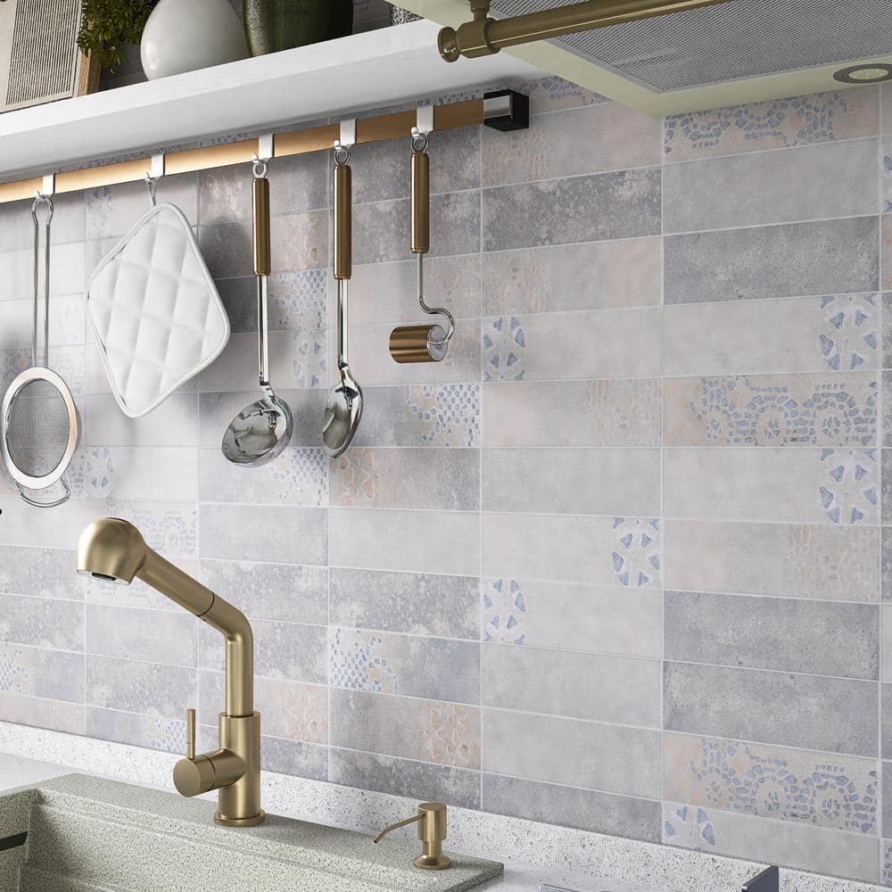 Tempo 3" x 8" White and Gray Porcelain Subway Tile