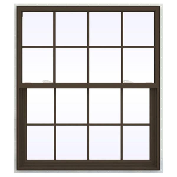 JELD-WEN 41.5 in. x 47.5 in. V-2500 Series Brown Painted Vinyl Single Hung Window with Colonial Grids/Grilles