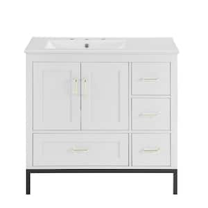 36 in. W x 18.3 in. D x 33 in. H Freestanding Bath Vanity in White with White Ceramic Top Single Basin Sink and Storage