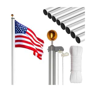 30 ft. Sectional Aluminum Flagpole Kit with 3 ft. x 5 ft. U.S Flag, Smooth Pulley System and Dual Flag Display, Silver