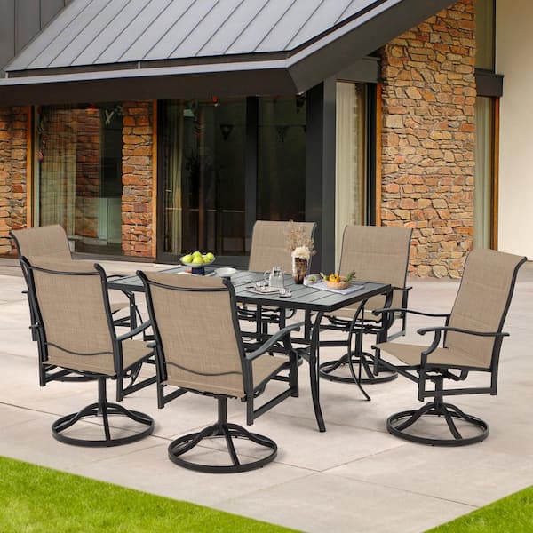 HOMMOW 7-Piece Patio Dining Table Set for 6 with Swivel Chairs and Square Table with Umbrella Hole, Brown
