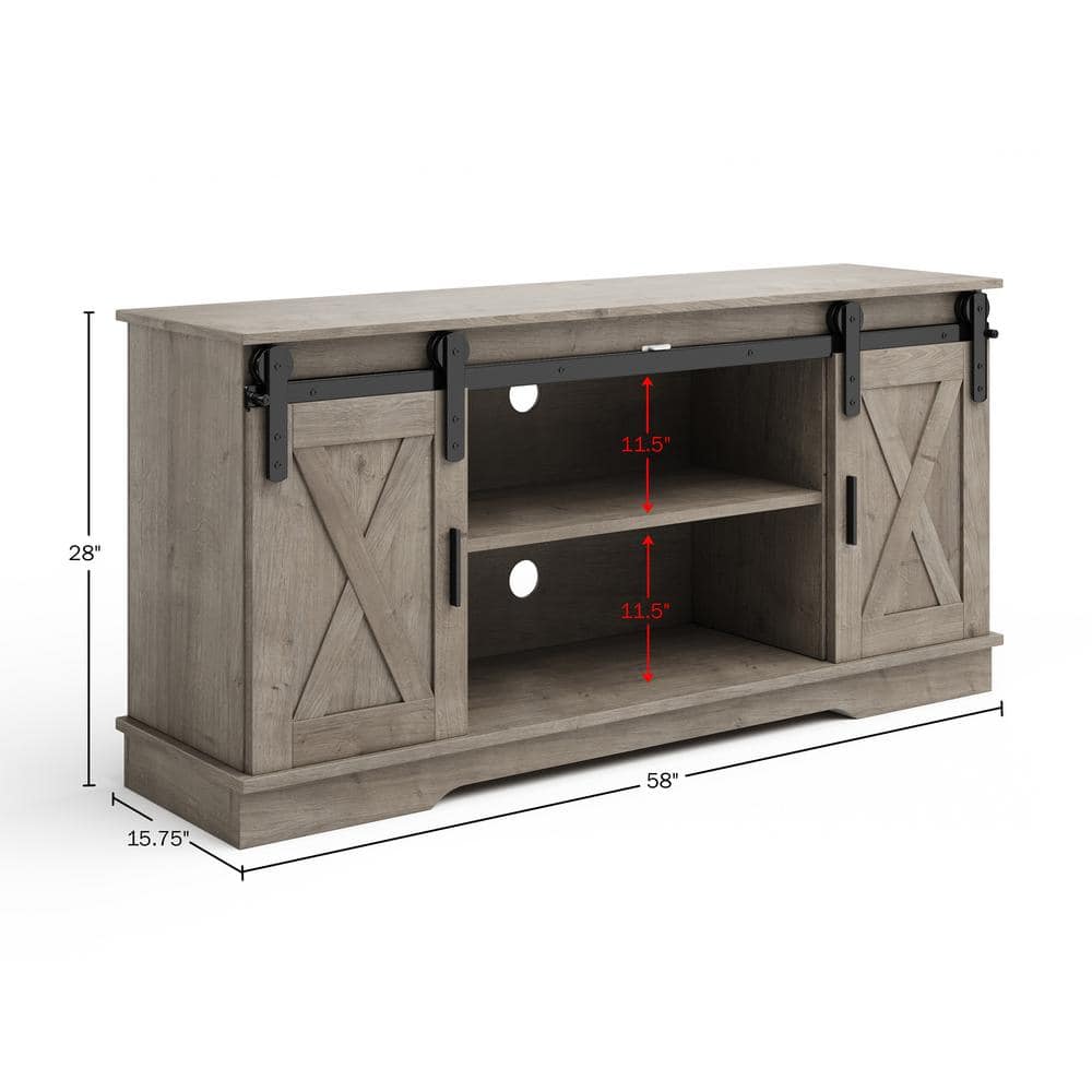 Gray Woodgrain 65-inch TV Stand with Cabinets and Metal Hardware