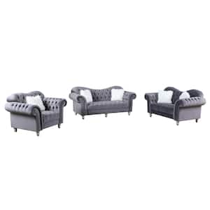 Luxury Classic 3 Piece America Chesterfield Tufted Camel Back Sofa Set Chair, Loveseat and Sofa in Grey