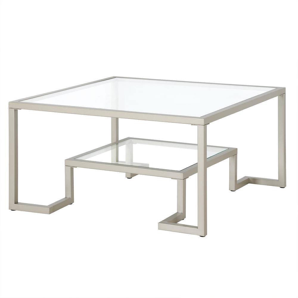 Athena 32" Satin Nickel Square Metal Coffee Table with Glass Shelves