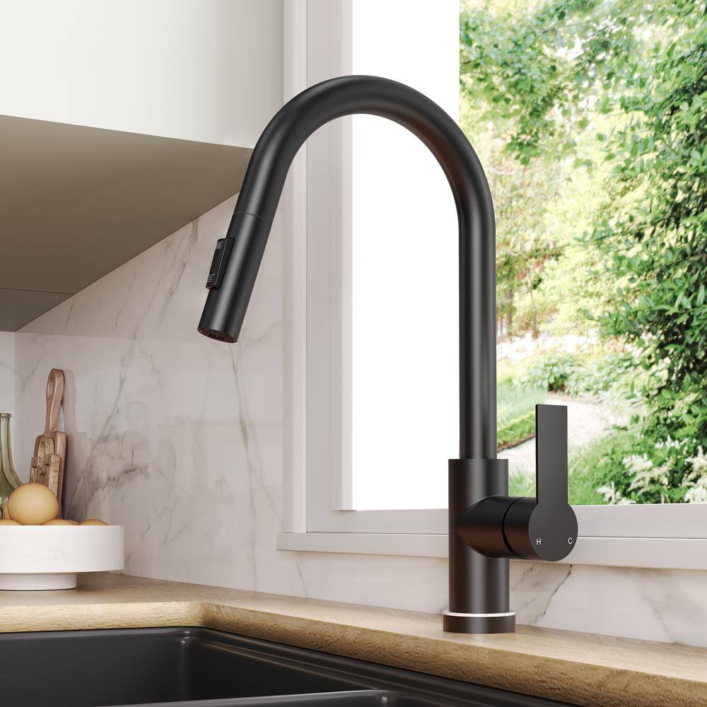 Matte Black Single Handle Pull Down Kitchen Faucet with LED Base