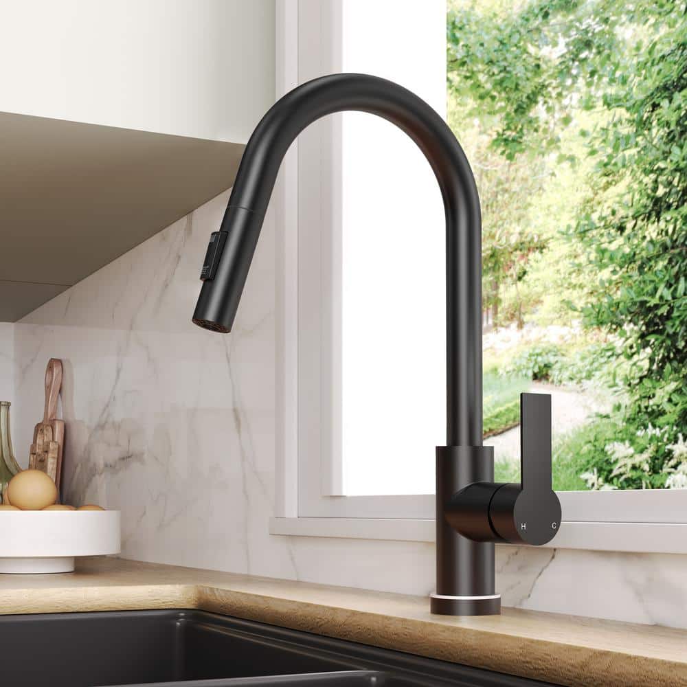 Matte Black Single Handle Pull Down Kitchen Faucet with LED Base