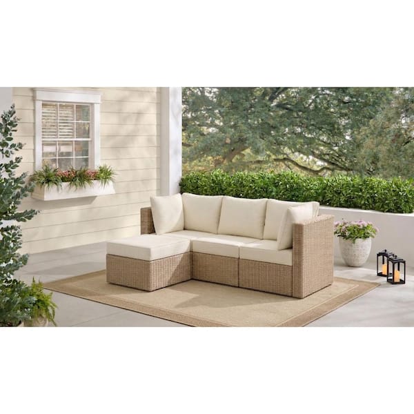 Crystal Ridge Wicker Outdoor 4-Piece Modular Sectional Set with Almond CushionGuard Cushions