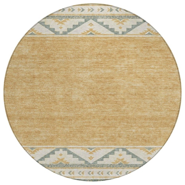 Chantille Machine Washable Indoor/Outdoor Abstract ACN3075 Gold 8 ft. x 8 ft. Round Rug