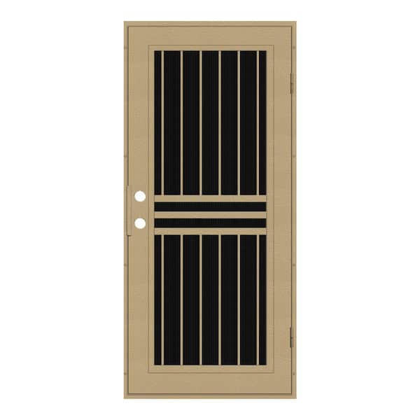 Unique Home Designs 32 in. x 80 in. Plain Bar Desert Sand Left-Hand Surface Mount Aluminum Security Door with Charcoal Insect Screen