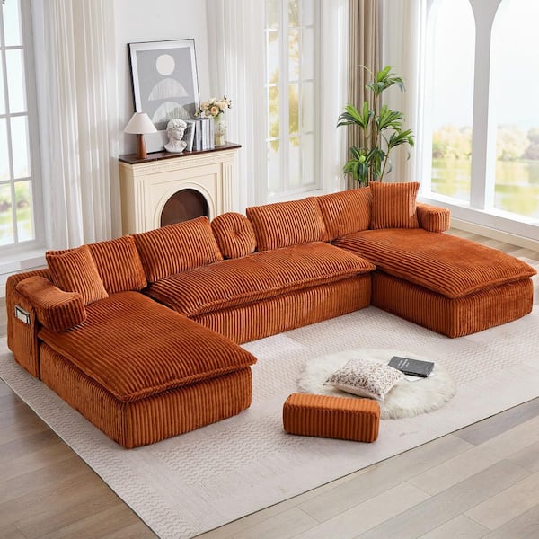 149 in. Corduroy Fabric Upholstered U-Shaped Modular Compressed Sectional Sofa in Orange with Side Pocket and Pillows