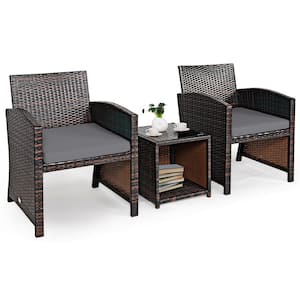 3-Piece Wicker Patio Conversation Set with Gray Cushions Sofa Coffee Table