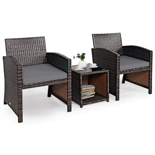 Costway 3-Piece Wicker Patio Conversation Set with Gray Cushions Sofa Coffee Table