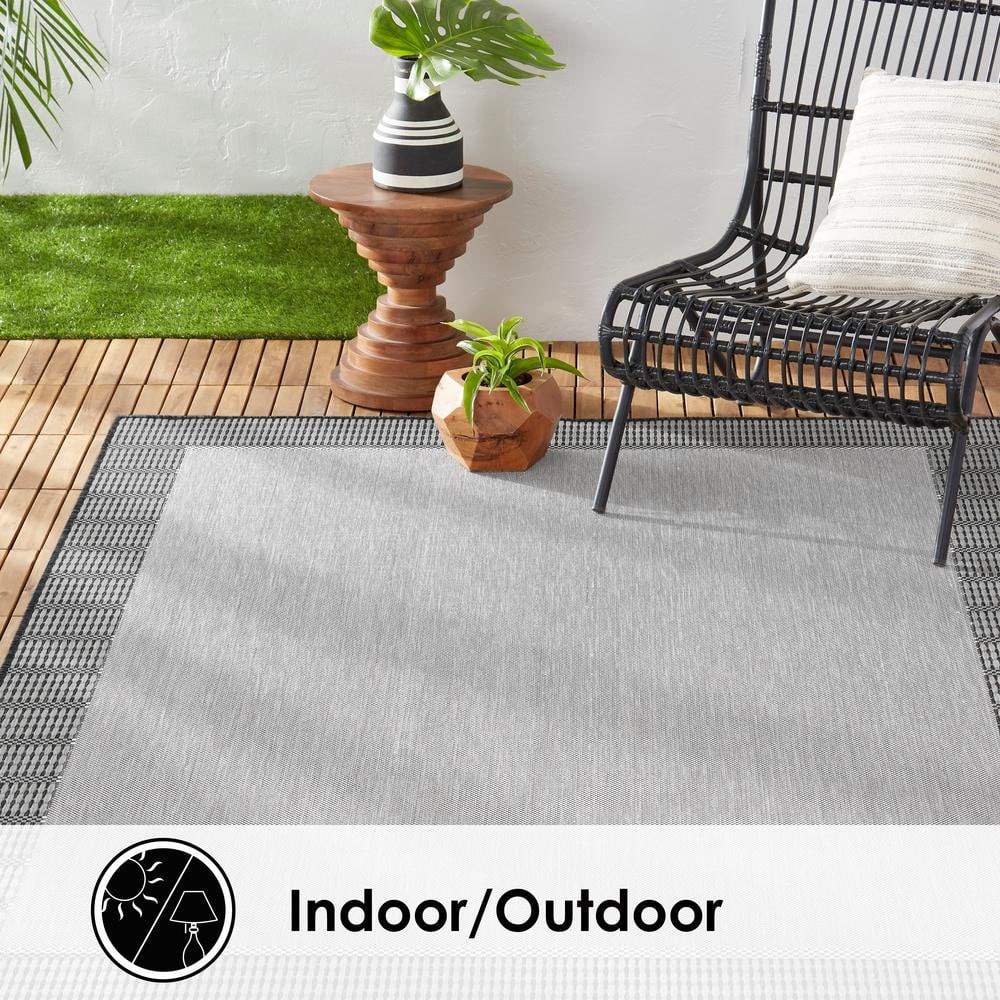 Grey and Black Synthetic Indoor/Outdoor Area Rug