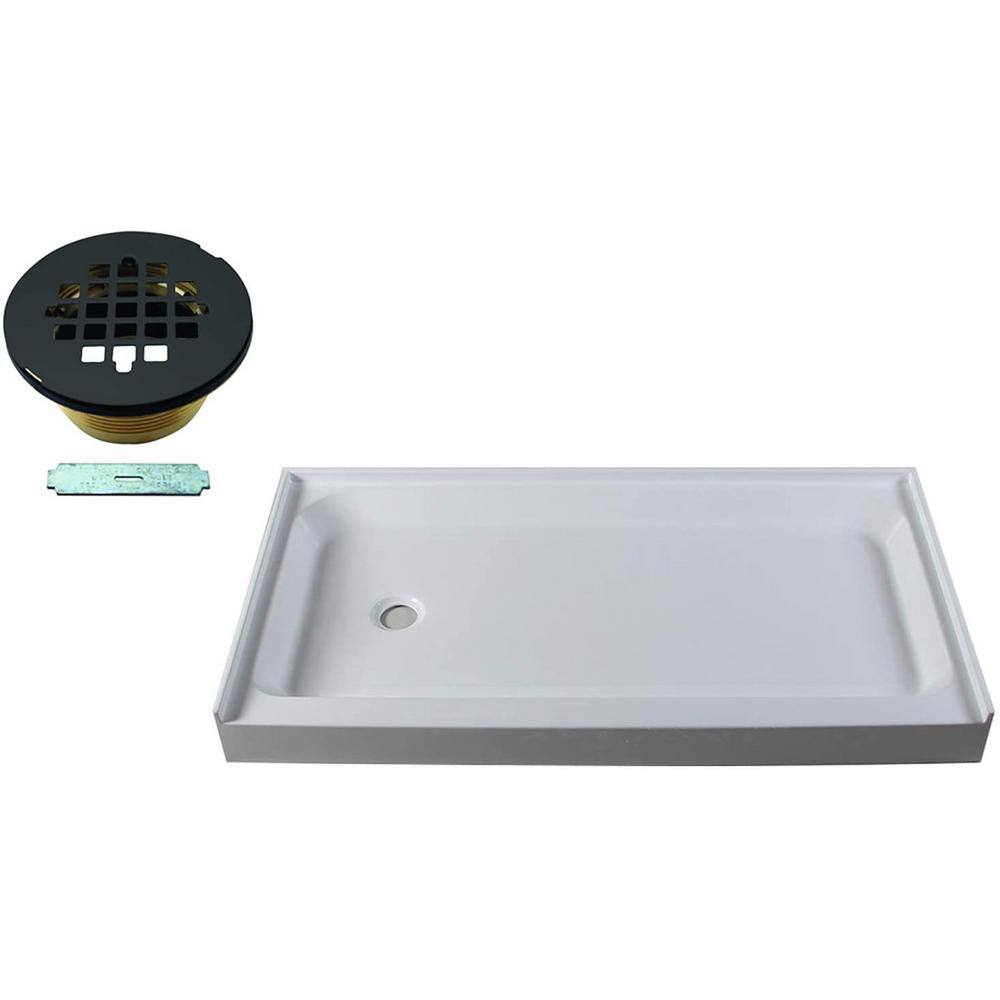 Matte Black Acrylic Rectangular Alcove Shower Pan with Brass Drain