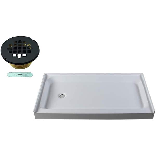 Westbrass 60 in. x 34 in. Single Threshold Alcove Shower Pan Base with Left Hand Brass Drain in Matte Black