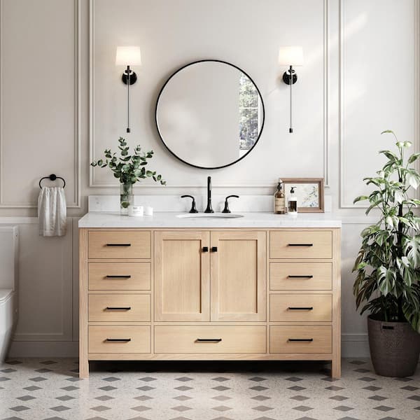 ARIEL Cambridge 60 in. W x 22 in. D x 36 in. H Single Oval Sink Bath Vanity in Oak with Carrara White Quartz Top