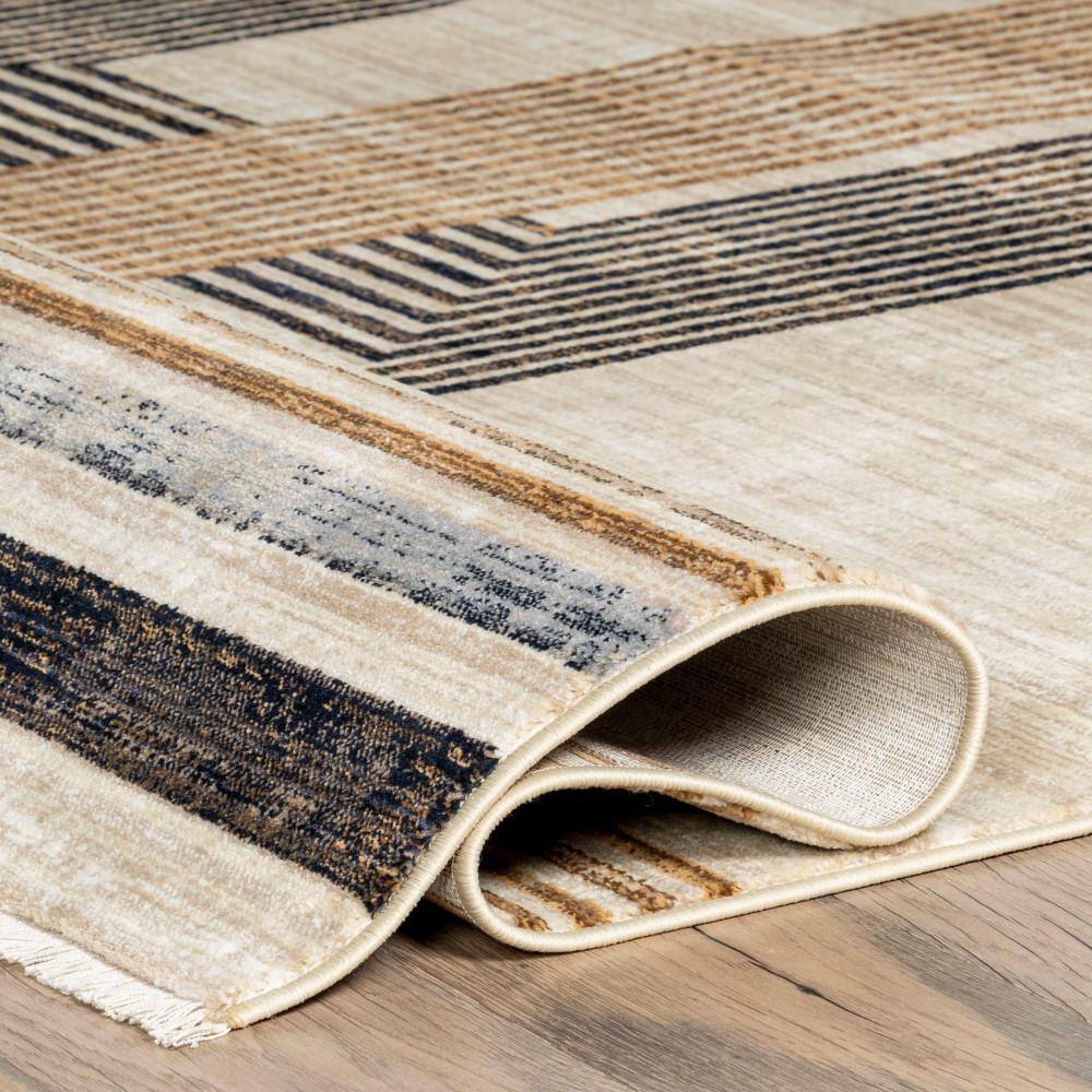 Beige and Black Synthetic Rectangular Striped Area Rug, 8' 10" x 13'