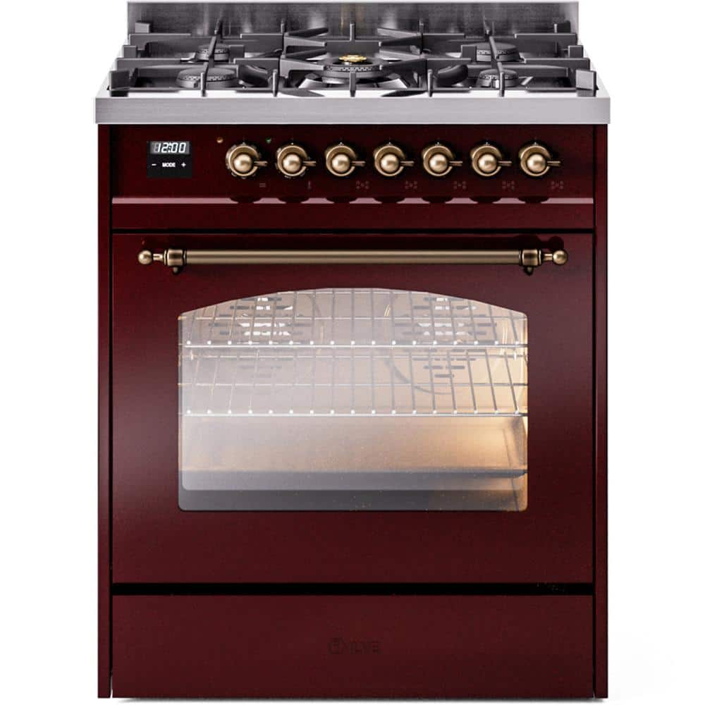 Nostalgie II 30 in. 5-Burner Freestanding Dual Fuel Range in Burgundy with Bronze Trim -  ILVE, UP30NMPBUB