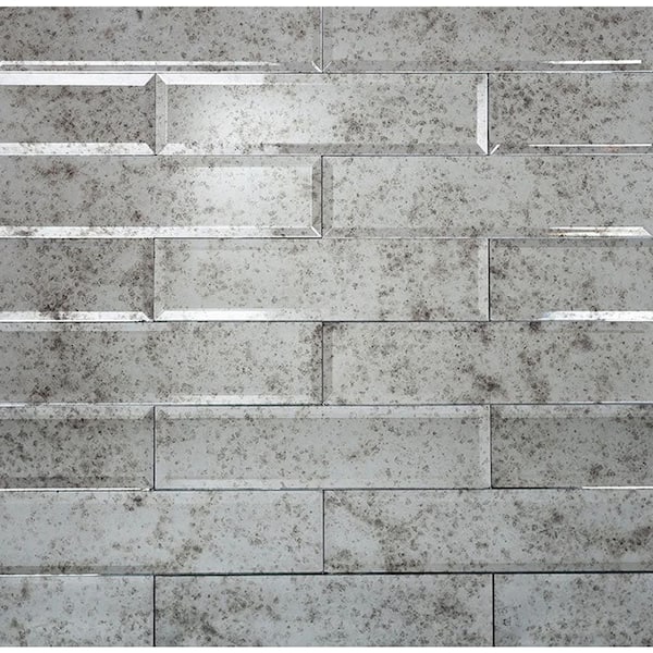 Silver 3 in. x 12 in. Beveled Polished Glass Subway Wall Tile Sample