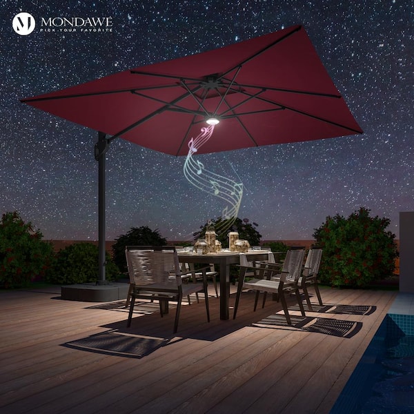 10 ft. Aluminum Cantilever with Bluetooth Speaker Atmosphere Lamp Offset Outdoor Patio Umbrella in Red for Garden