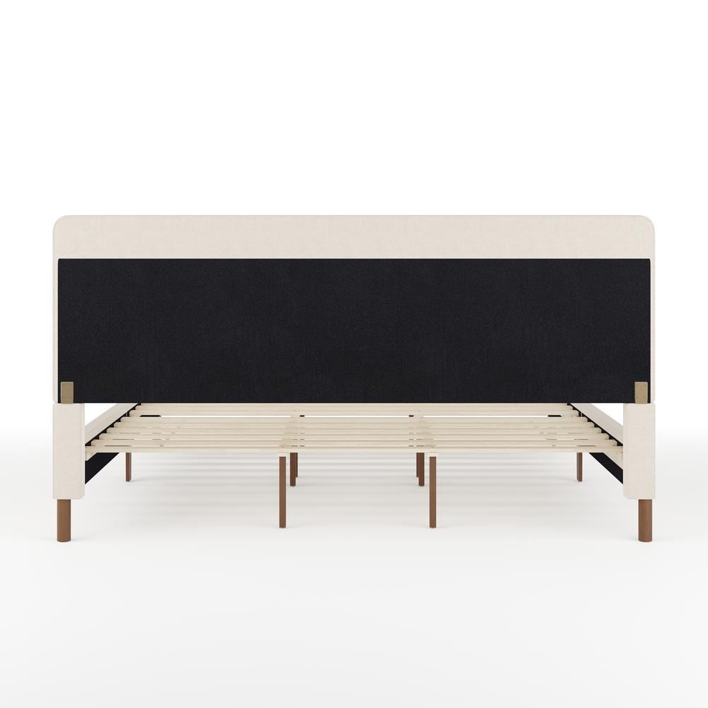 King Beige Linen Upholstered Platform Bed with Walnut Legs