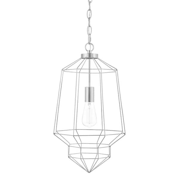 Hampton Bay Winfield 1-Light Chrome Caged Pendant Light Fixture with Geometric Metal Shade