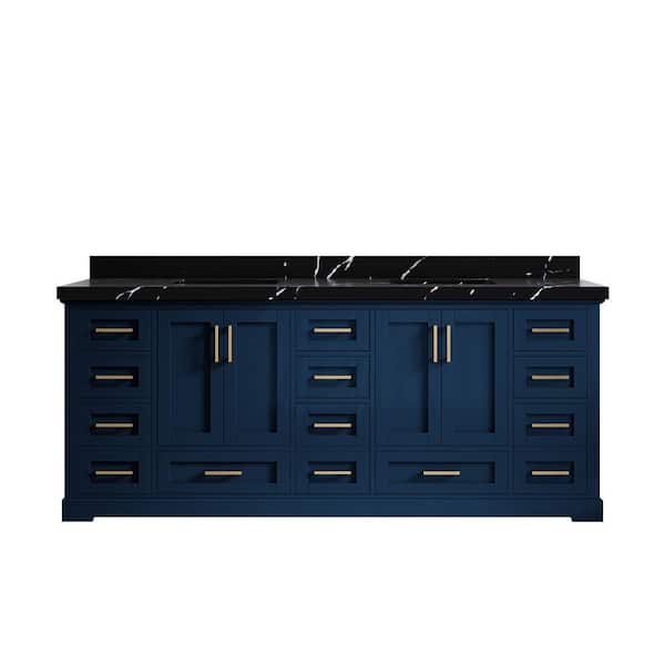 Willow Collections Boston 84 in. W x 22 in. D x 36 in. H Double Sink Bath Vanity in Navy Blue with 2 in. Calcutta Black Qt. Top