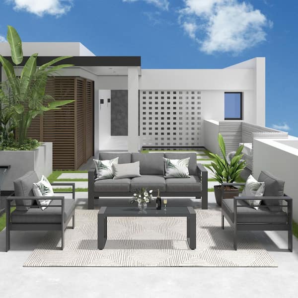 4-Piece Aluminum Patio Conversation Set with Gray Cushions