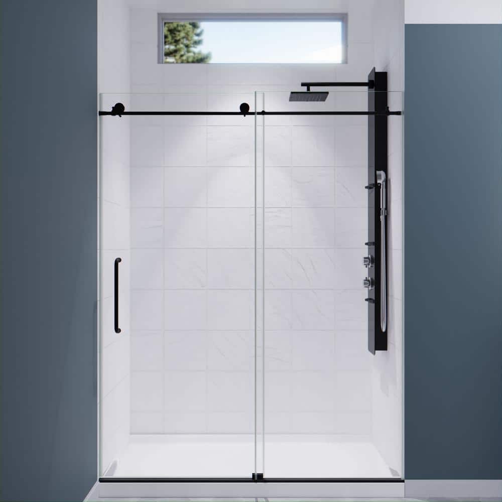 ANZZI Madam Series 60 in. x 76 in. Frameless Sliding Shower Door in Matte Black with Handle -  SD-AZ13-02MB
