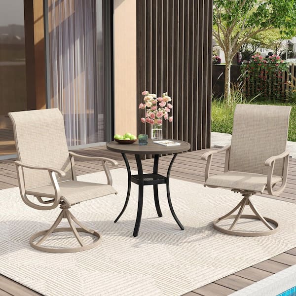 3 Piece Metal Patio Dining Set with 27.6 in. Gray Wood-Like Round Dining Table and 2 Sandshell Swivel Dining Chairs