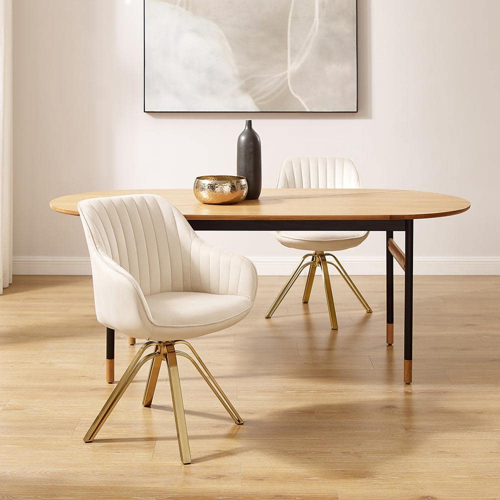 Off-White Contemporary Swivel Accent Chair with Gold Metal Legs