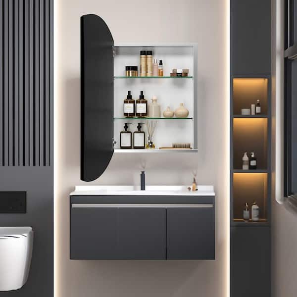 IHOMEadore 32 in. W x 32 in. H Rectangular Black Metal Wall Mount or Recessed Medicine Cabinet with Mirror in Bathroom