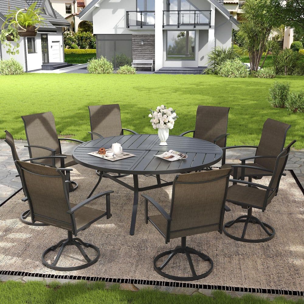 9-Piece Metal Outdoor Dining Set with 63 in. Black Round Dining Table and 8 Brown Textilene Swivel Patio Chairs price history on PriceWatchPro