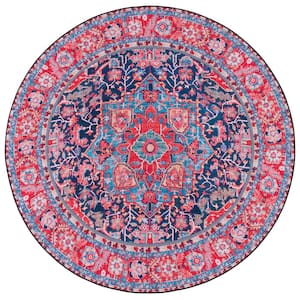 Tuscon Navy/Red 6 ft. x 6 ft. Machine Washable Border Floral Round Area Rug