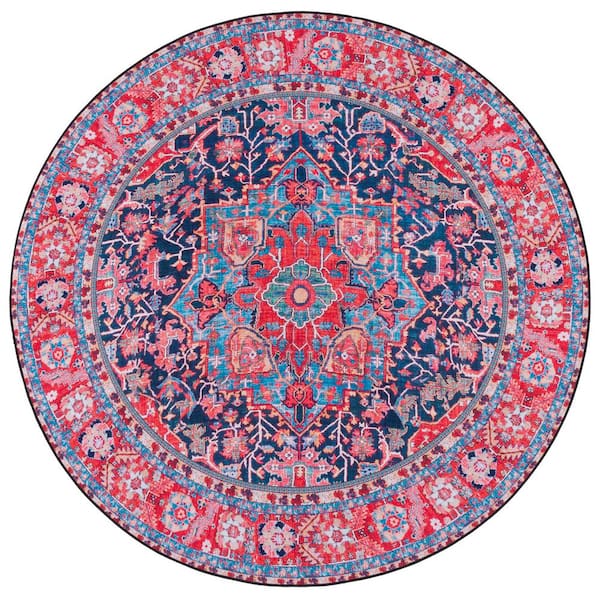 SAFAVIEH Tuscon Navy/Red 6 ft. x 6 ft. Machine Washable Border Floral Round Area Rug