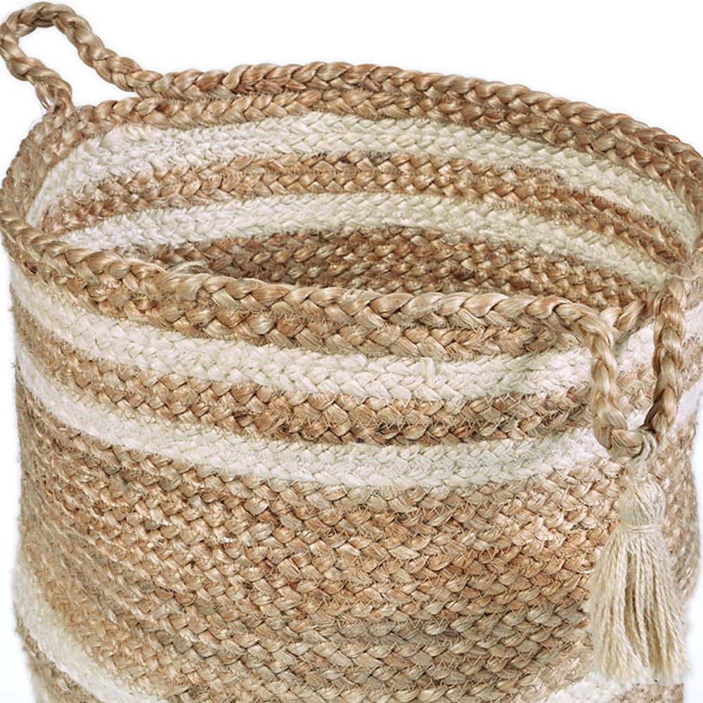 Eco-Friendly Handmade Jute Storage Basket with White Stripes, 19"